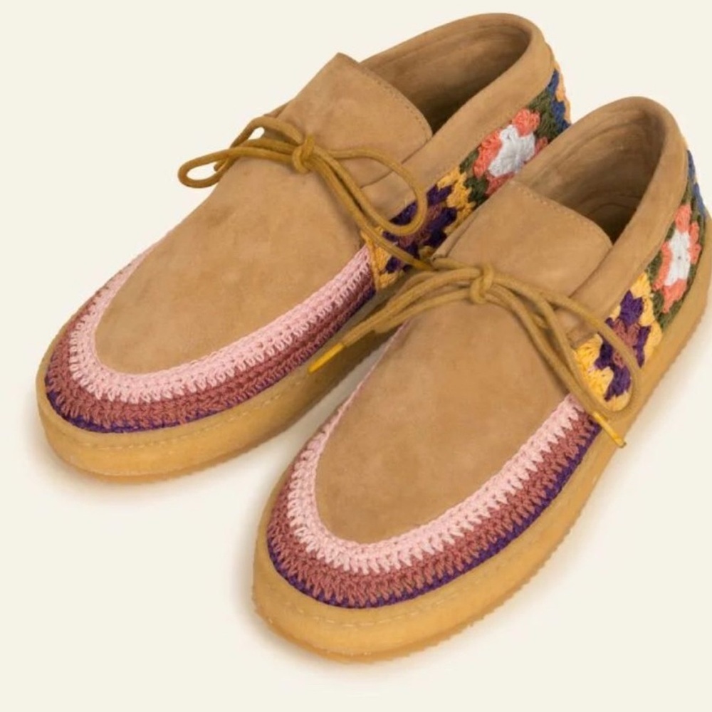 Stylish Tan and Pink Komo Crochet Moccasins